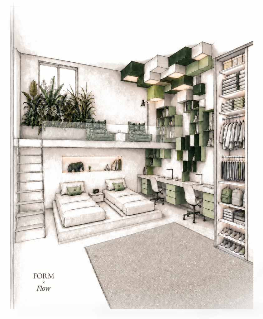 Diseñada para jugar, aprender y habitar. Orden accesible, vegetación integrada y autonomía infantil en un espacio pensado para acompañar el día a día.
