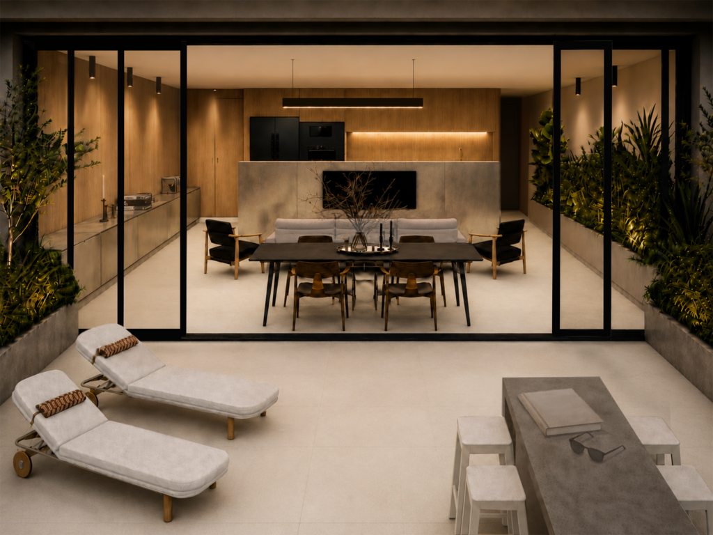 Interior abierto con continuidad visual entre diseño, luz y vegetación
