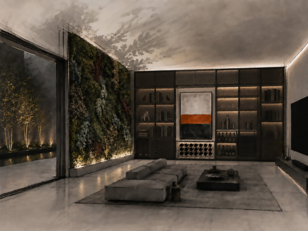 Salón envolvente con interiorismo, iluminación y relación visual con el paisaje