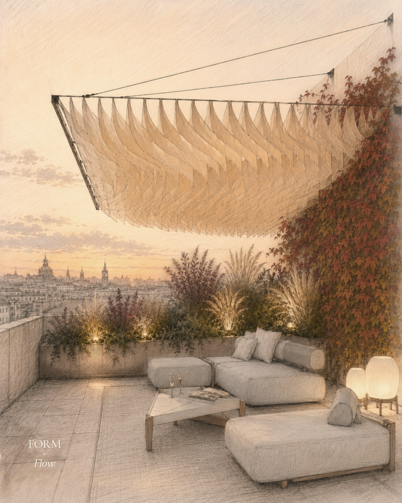 Terraza urbana integrada con el interior mediante vegetación, mobiliario y continuidad espacial